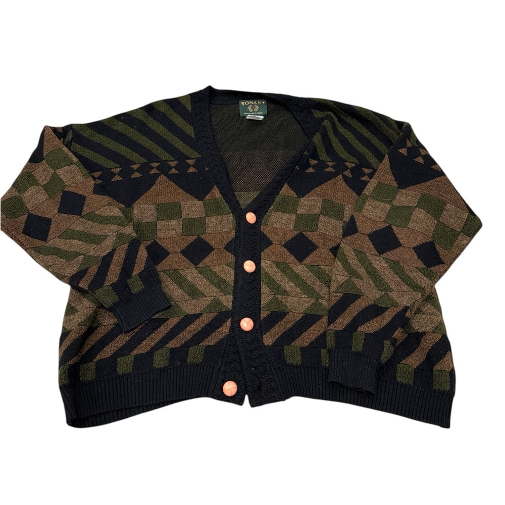 Geometric Patterned Cardigan with Copper Buttons